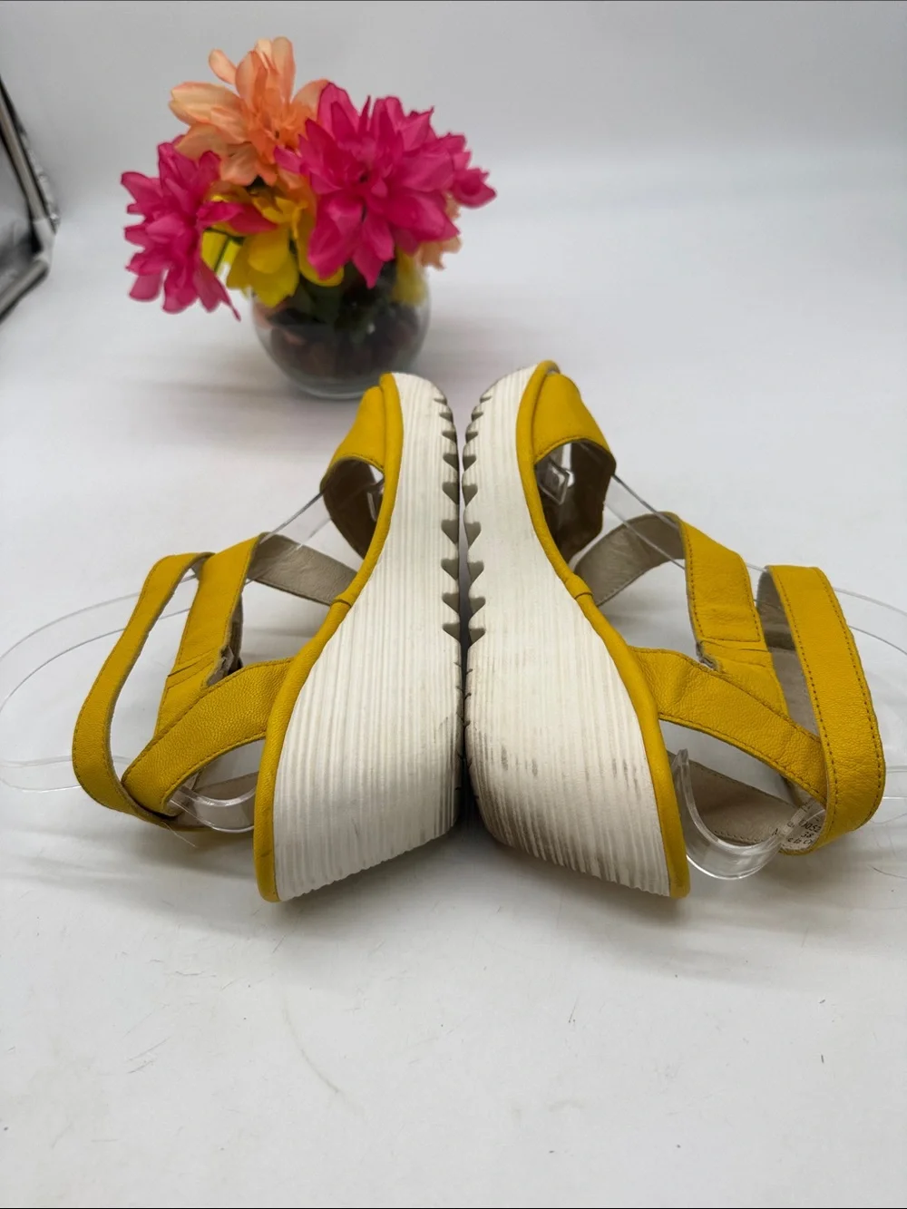 Fly London Mustard Yellow Wedge Sandals with Ankle Strap Size 38